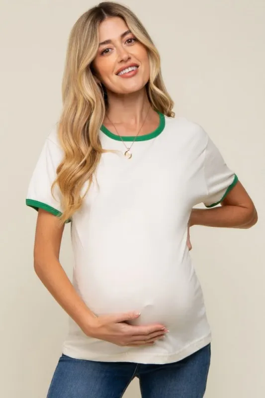 Green Cream Short Sleeve Maternity Ringer Tee sold by Pinkblush
