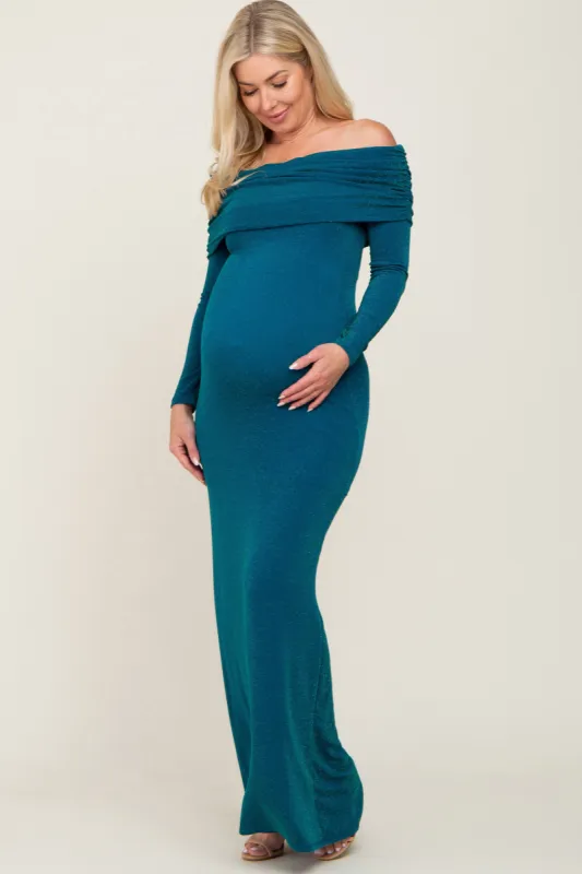 Teal Metallic Off Shoulder Long Sleeve Maternity Maxi Dress sold by Pinkblush