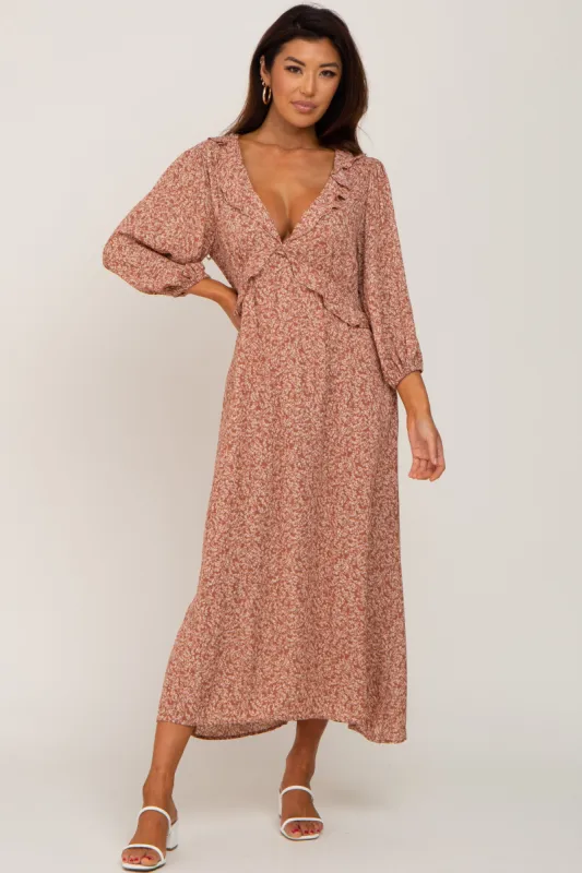 Rust Floral Ruffle V-Neck Midi Dress sold by Pinkblush