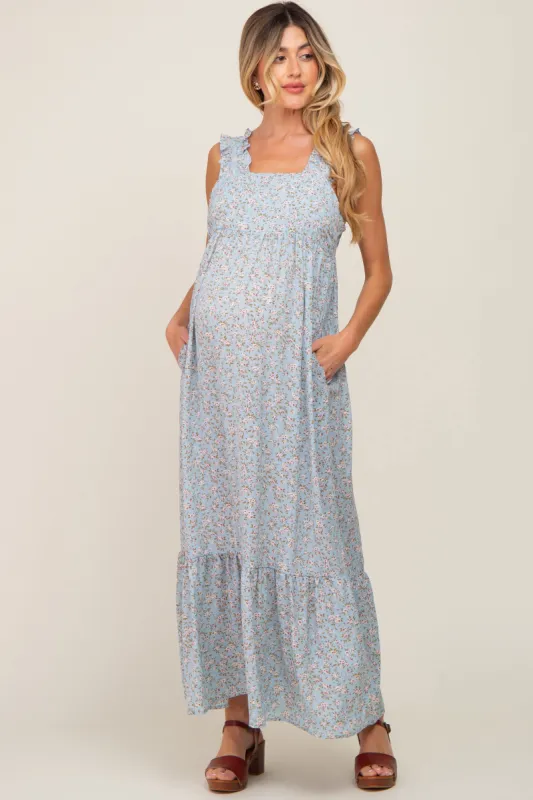 Light Blue Floral Ruffle Trim Maternity Maxi Dress sold by Pinkblush