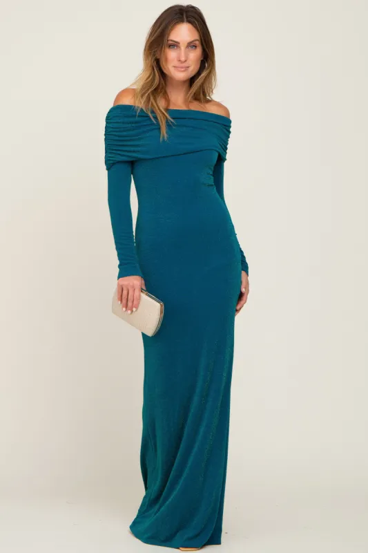 Teal Metallic Off Shoulder Long Sleeve Maxi Dress sold by Pinkblush