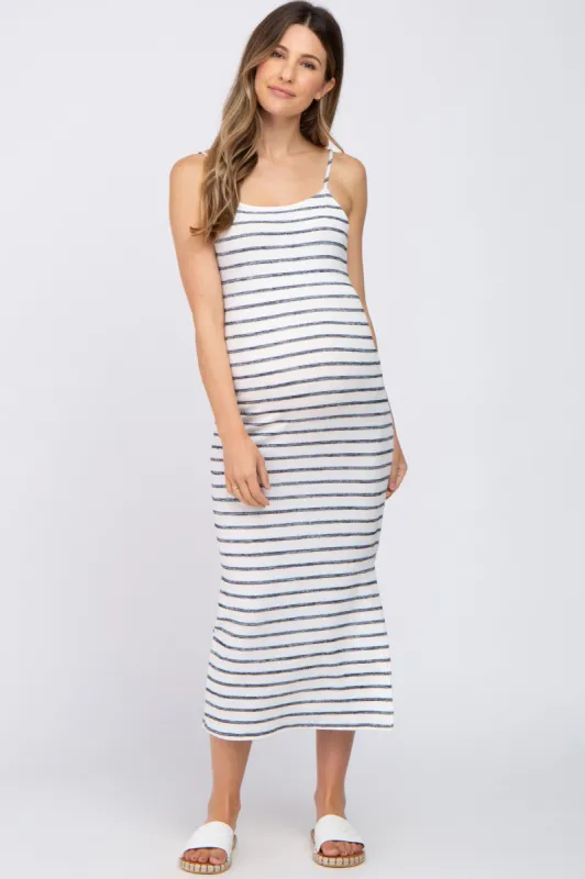 Ivory Striped Square Neck Side Slit Maternity Midi Dress sold by Pinkblush