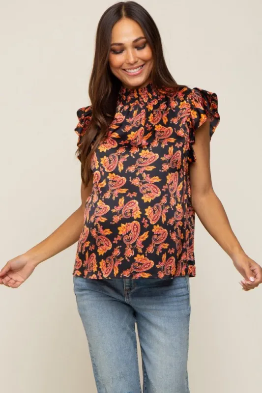 Black Paisley Satin Smocked Neck Maternity Blouse sold by Pinkblush