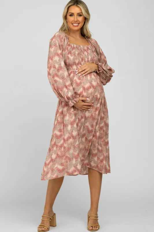 Mauve Vintage Print Square Neck Smocked Maternity Midi Dress sold by Pinkblush