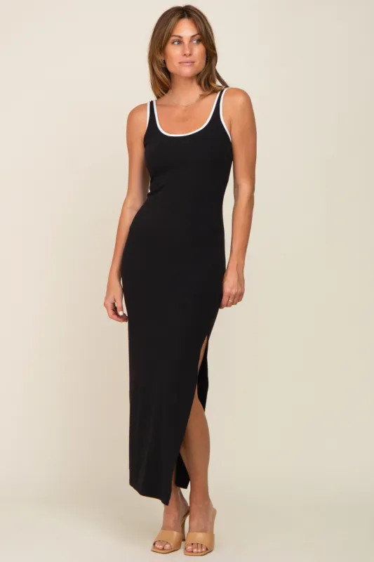 Black Ribbed Colorblock Scoop Back Side Slit Maxi Dress sold by Pinkblush