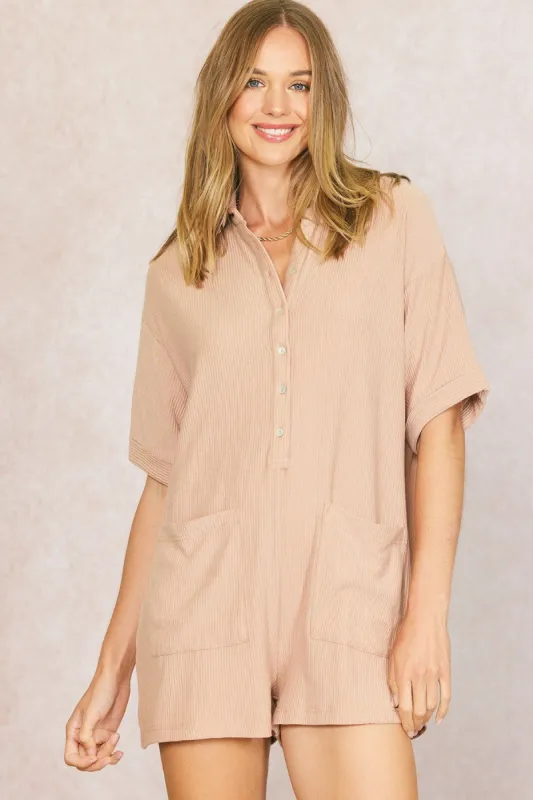 Almond Ribbed Button Down Romper sold by Pinkblush