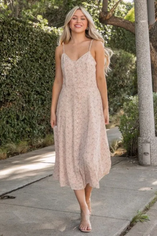 Beige Pink Print Woven Midi Dress sold by Pinkblush