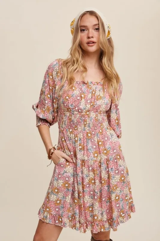Pink Flower Print Square Neck And Puff Sleeve Dress sold by Pinkblush