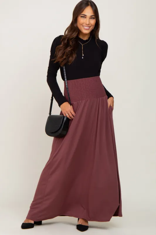 Burgundy Smocked High Waisted Maternity Maxi Skirt sold by Pinkblush