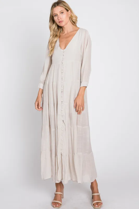 Ivory Button Front Tiered Maxi Dress sold by Pinkblush
