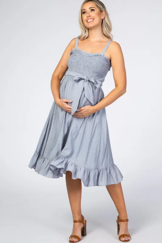 Blue Ruffle Smocked Maternity Dress sold by Pinkblush