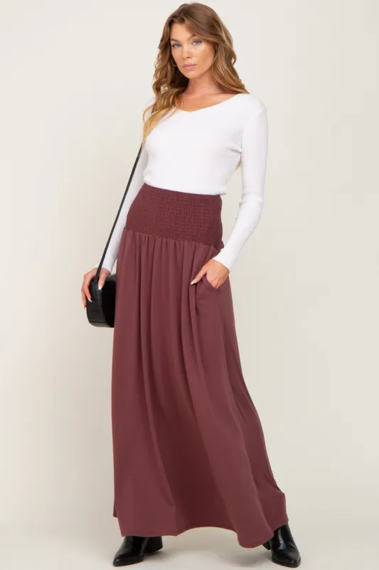 Burgundy Smocked High Waisted Maxi Skirt sold by Pinkblush