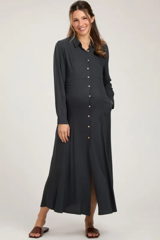 Charcoal Collared Button Down Long Sleeve Maternity Maxi Dress sold by Pinkblush