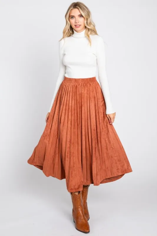 Rust Suede Pleated Midi Skirt sold by Pinkblush
