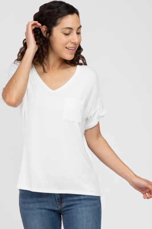 White Basic Pocket Front Short Sleeve Maternity Top sold by Pinkblush