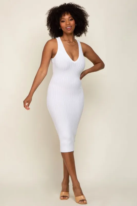 White Ribbed Knit Fitted V-Neck Midi Dress sold by Pinkblush
