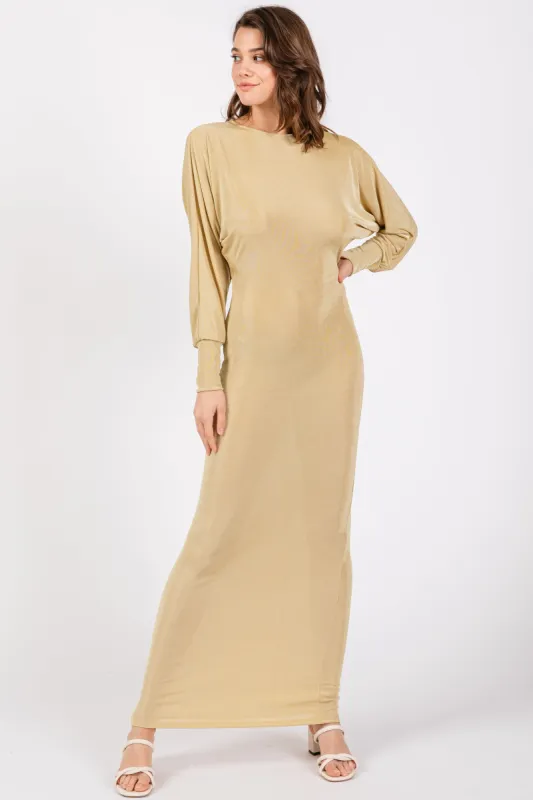 Gold Long Sleeve Open Back Maxi Dress sold by Pinkblush