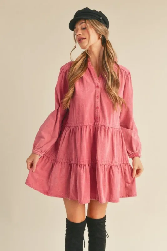 Magenta Tiered Button Down Washed Denim Mini Dress sold by Pinkblush