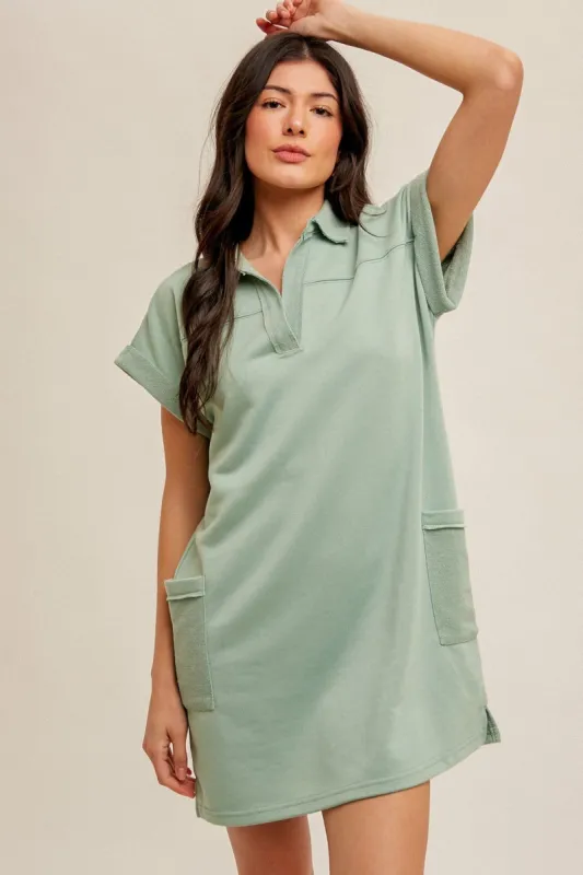 Mint Terry Cuff Sleeve Pocketed Collared Dress sold by Pinkblush