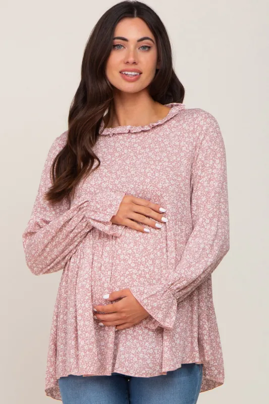 Mauve Floral Ruffle Neck Maternity Top sold by Pinkblush