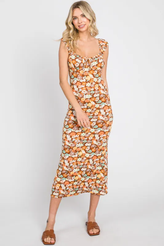 Mocha Floral Fitted Midi Dress sold by Pinkblush