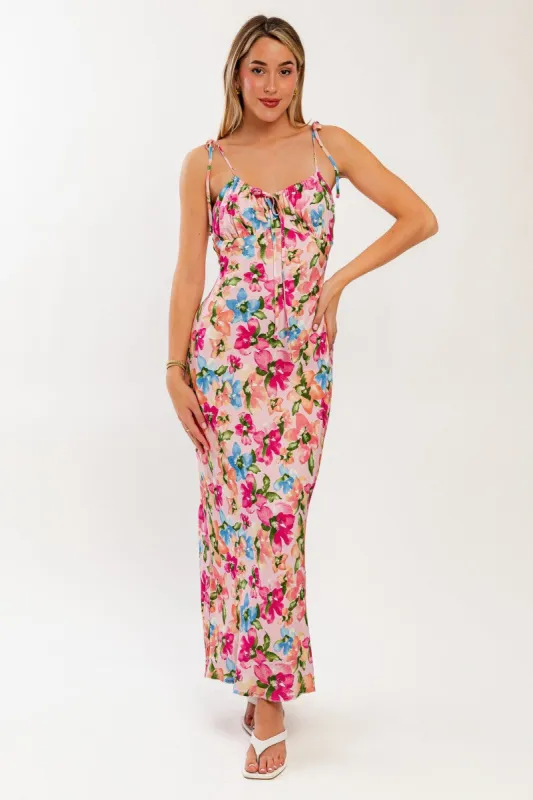 Pink Floral Shoulder Tie Maxi Dress sold by Pinkblush