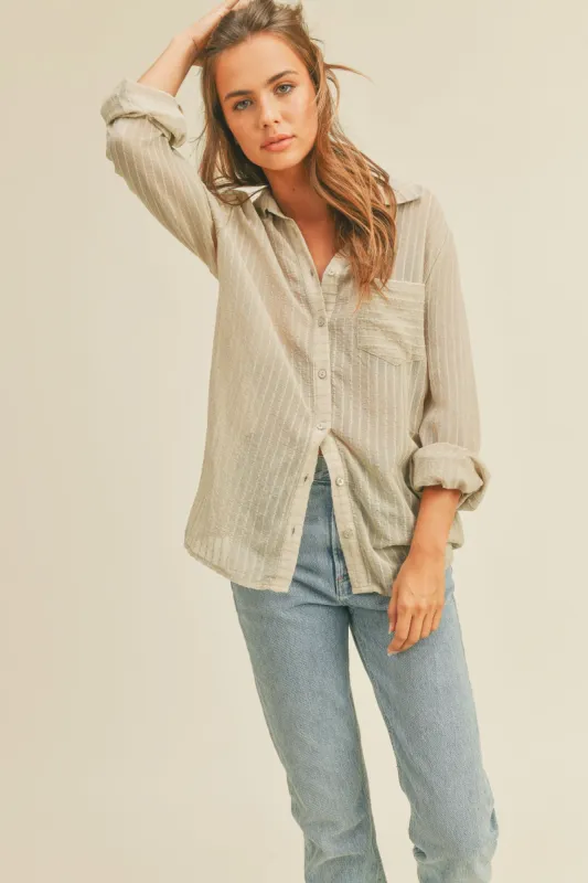 Light Olive Textured Stripe Collared Button-Down Long Sleeve Top sold by Pinkblush