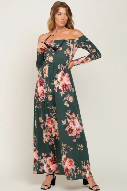 Forest Green Floral Off Shoulder Long Sleeve Maxi Dress sold by Pinkblush