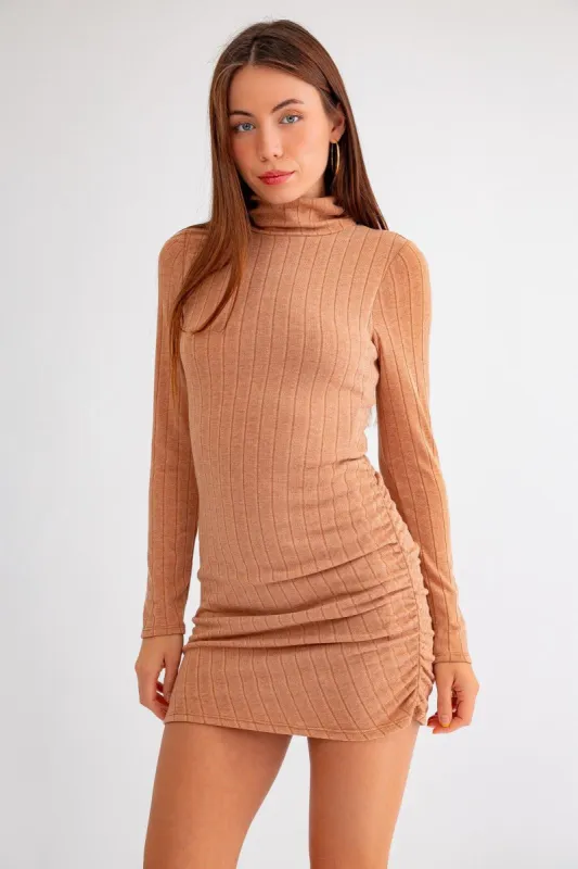 Camel Long Sleeve Asymmetrical Dress sold by Pinkblush