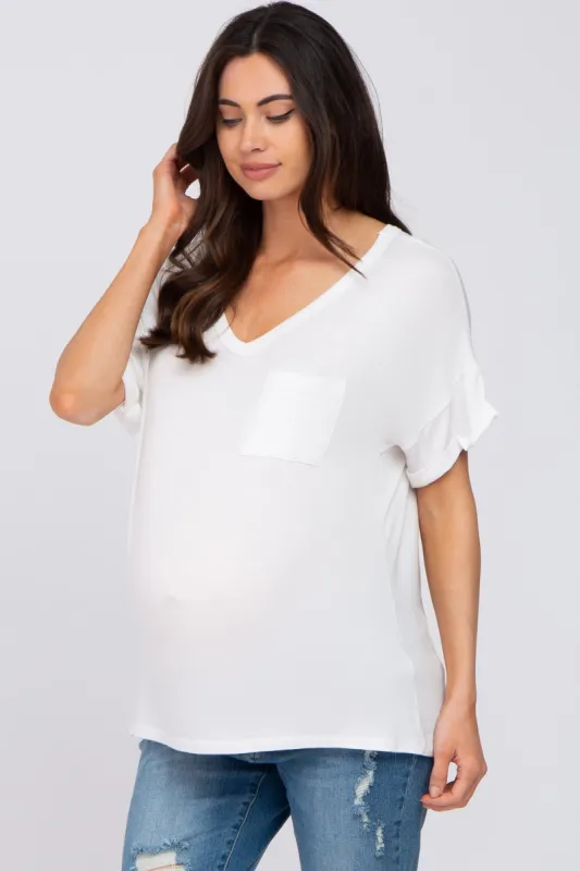 White Basic Pocket Front Short Sleeve Maternity Top sold by Pinkblush