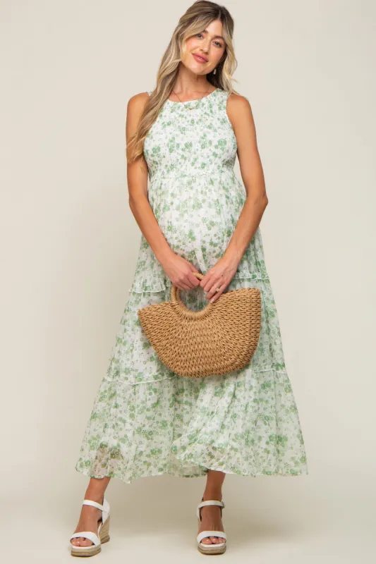 Green Floral Sleeveless Tiered Maternity Maxi Dress sold by Pinkblush