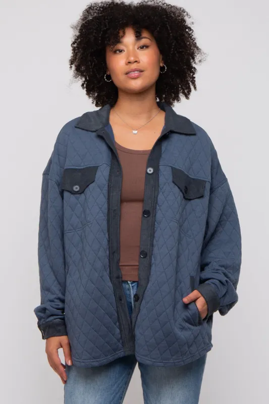 Navy Blue Colorblock Quilted Shirt Jacket sold by Pinkblush