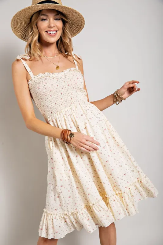 Cream Flower Print Swiss Dot  Smocking Dress sold by Pinkblush