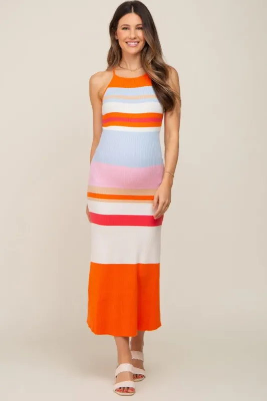 Orange Striped Soft Ribbed Cross Back Maternity Maxi Dress sold by Pinkblush