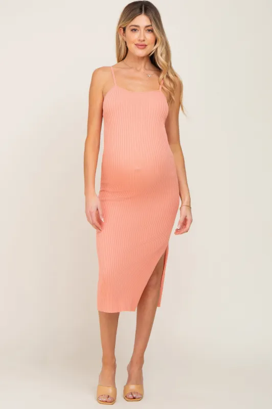 Peach Ribbed Knit Side Slit Maternity Midi Dress sold by Pinkblush