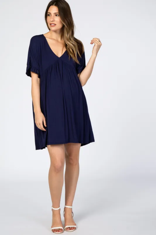 Navy Ruffle Sleeve Baby Doll Maternity Dress sold by Pinkblush