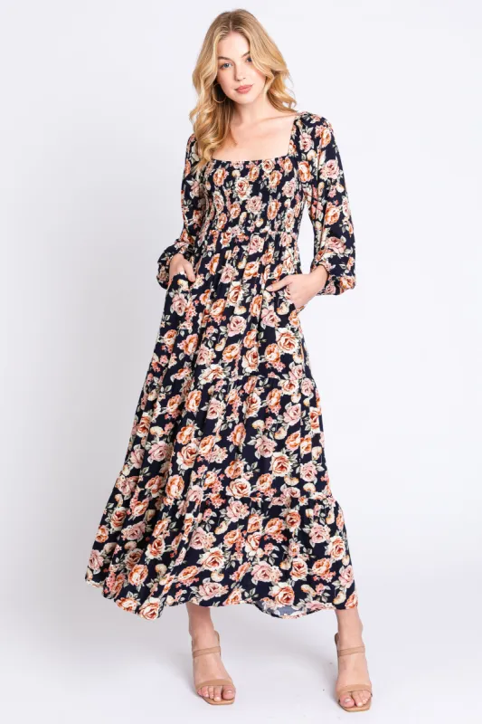 Navy Floral Long Sleeve Maxi Dress sold by Pinkblush