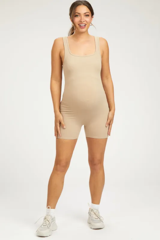 Taupe Ribbed Square Neck Sleeveless Maternity Romper sold by Pinkblush