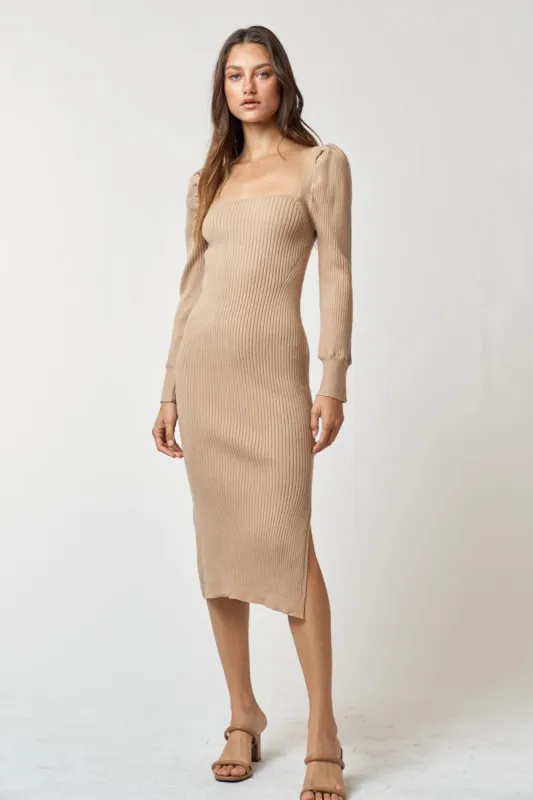 Taupe Ribbed Knit Long Sleeve Midi Dress sold by Pinkblush