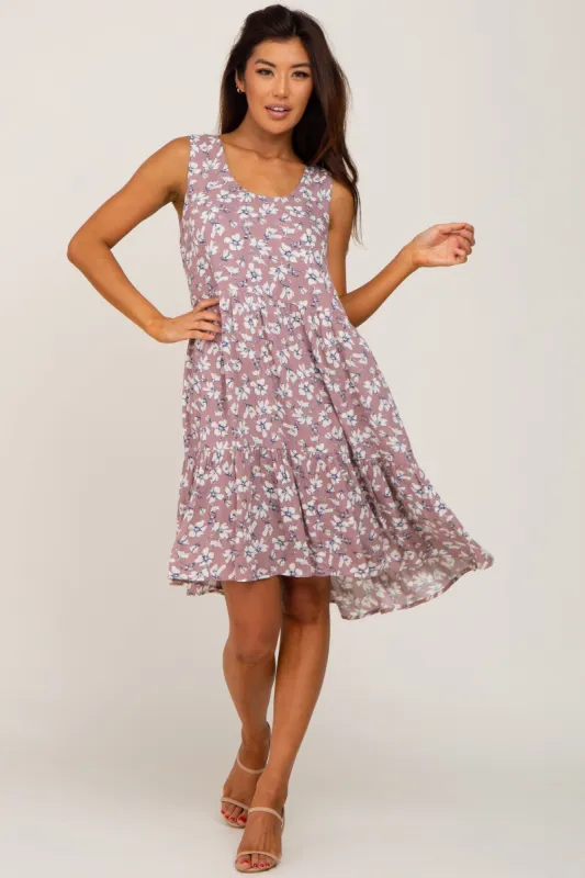 Mauve Floral Sleeveless Tiered Dress sold by Pinkblush