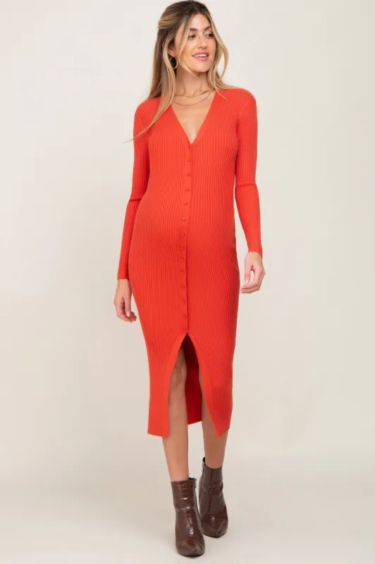 Rust Ribbed Button Front Long Sleeve Maternity Dress sold by Pinkblush