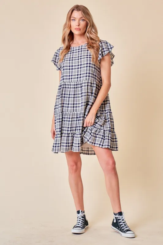 Navy Tiered Dress With Ruffle Sleeve sold by Pinkblush