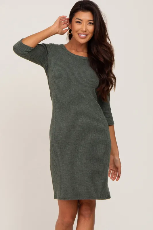 Olive Ribbed 3/4 Sleeve Dress sold by Pinkblush