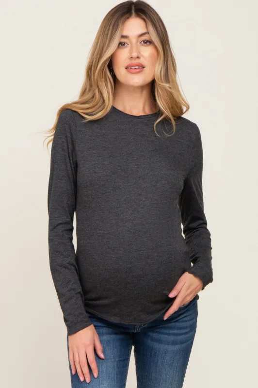 Charcoal Basic Raw Hem Maternity Long Sleeve Top sold by Pinkblush
