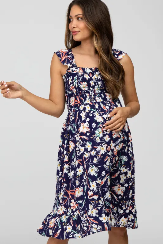 Navy Floral Smocked Maternity Dress sold by Pinkblush