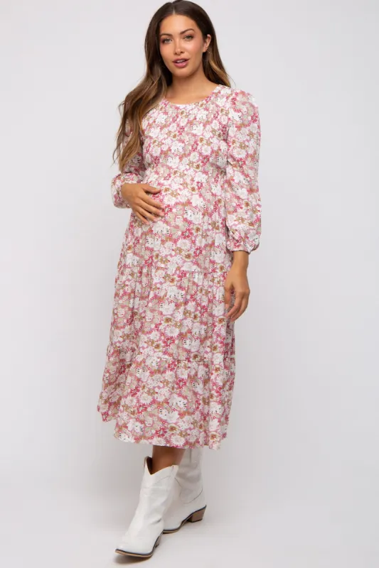 Mauve Floral Smocked Tiered Maternity Midi Dress sold by Pinkblush