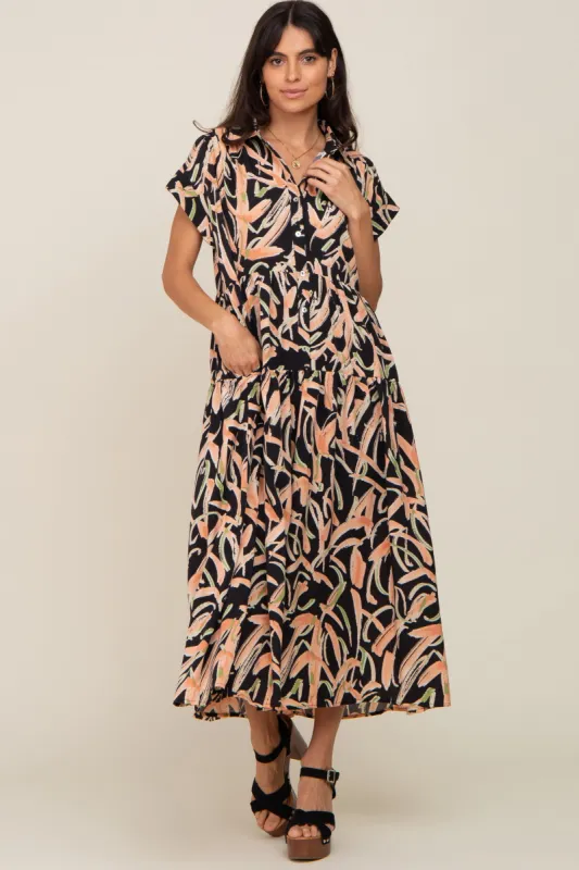 Black Printed Button Down Collared Tiered Midi Dress sold by Pinkblush