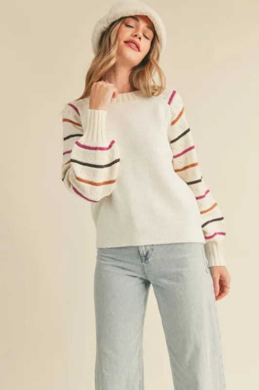 Ivory Striped Balloon Sleeve Sweater sold by Pinkblush
