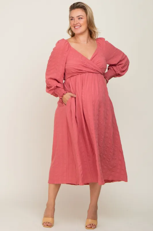 Mauve Wrap Smocked Accent Long Sleeve Maternity Plus Dress sold by Pinkblush