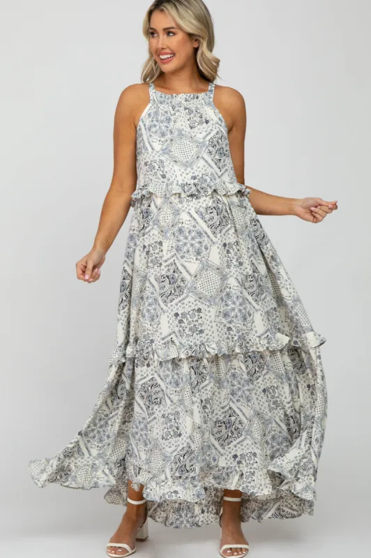 Navy Floral Paisley Print Tiered Maternity Maxi Dress sold by Pinkblush